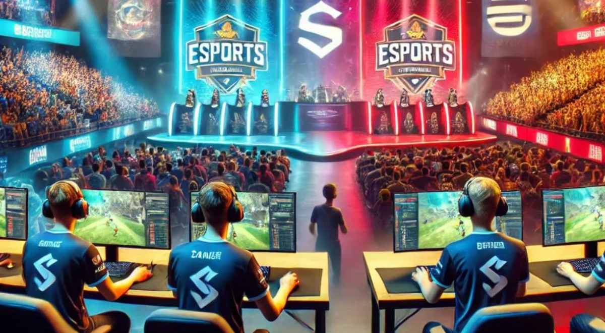 A vibrant eSports arena: teams compete onstage