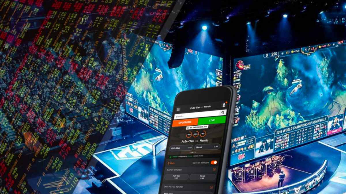 smartphone displaying esports betting options alongside a vibrant gaming