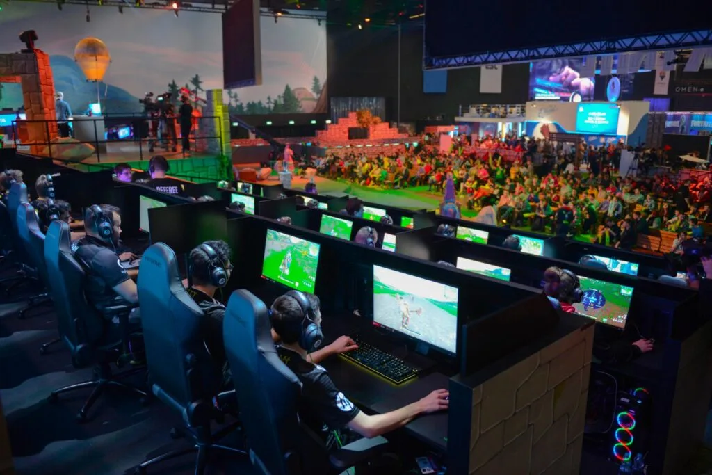 competitive gaming event with players focused on screens