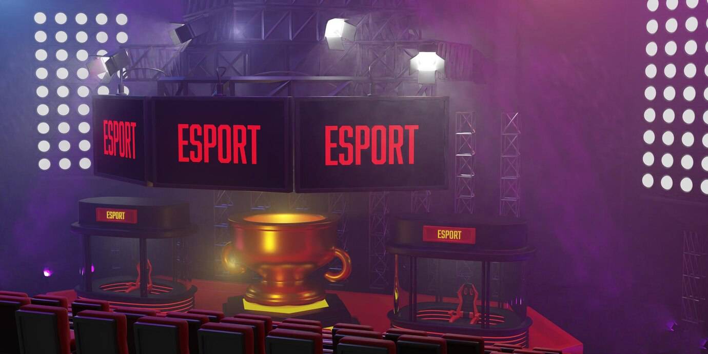 An esports stage featuring a large golden trophy, illuminated by dramatic lights and screens displaying "ESPORT", set in a smoky atmosphere.