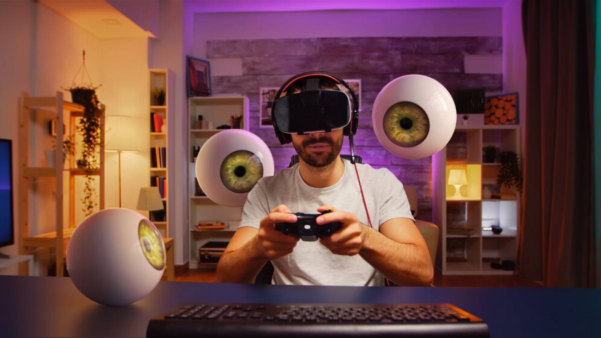 A gamer wearing a VR headset holds a game controller, surrounded by floating eyeball-shaped decorations in a colorful, cozy room.