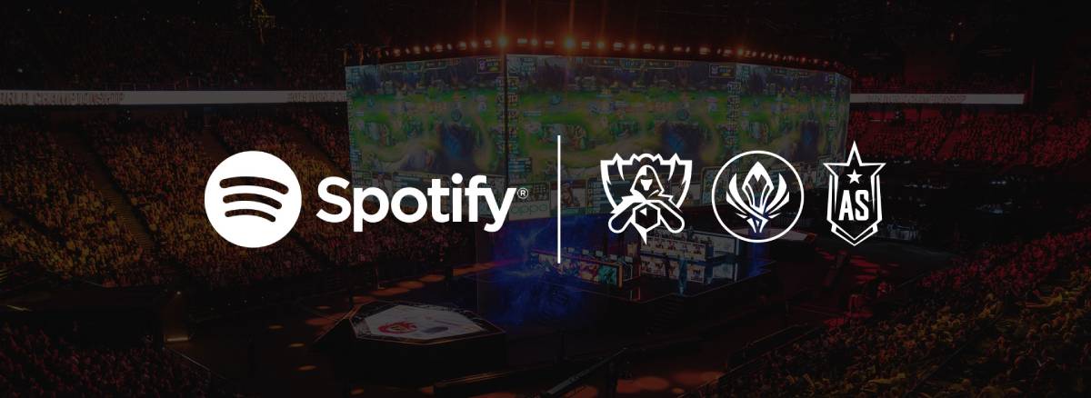 Logo of Spotify alongside esports tournament imagery, featuring crowds and digital screens displaying gameplay highlights.